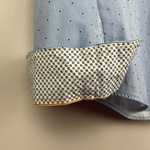 Denim & Flower Ricky Singh Men Dress Shirt SZ L Slim Fit Blue Stripes and Dots - Picture 4 of 11